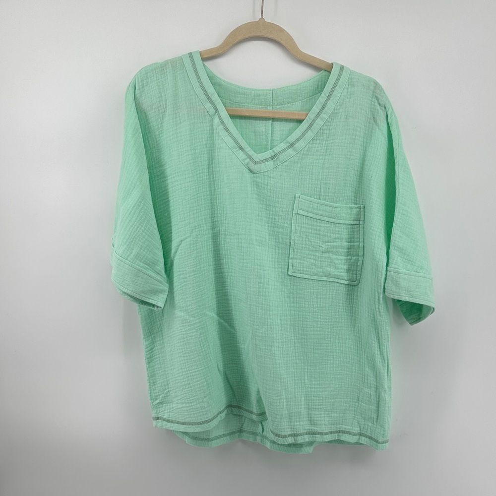 Boho 100%Cotton Causal Minimalist Spring Mint Green Short Sleeve Women's Top SzL